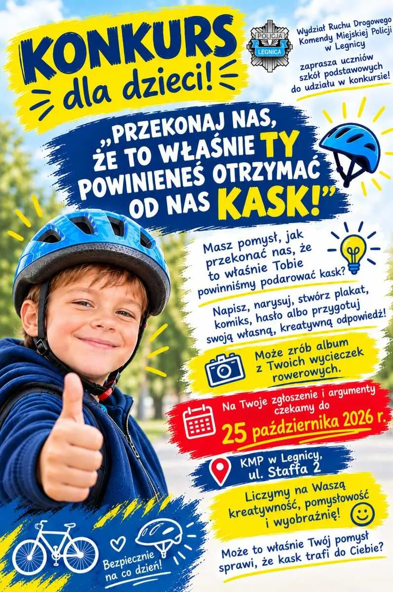 Konkurs dla dzieci z 12 kaskami do wygrania organizowany przez legnicką policję