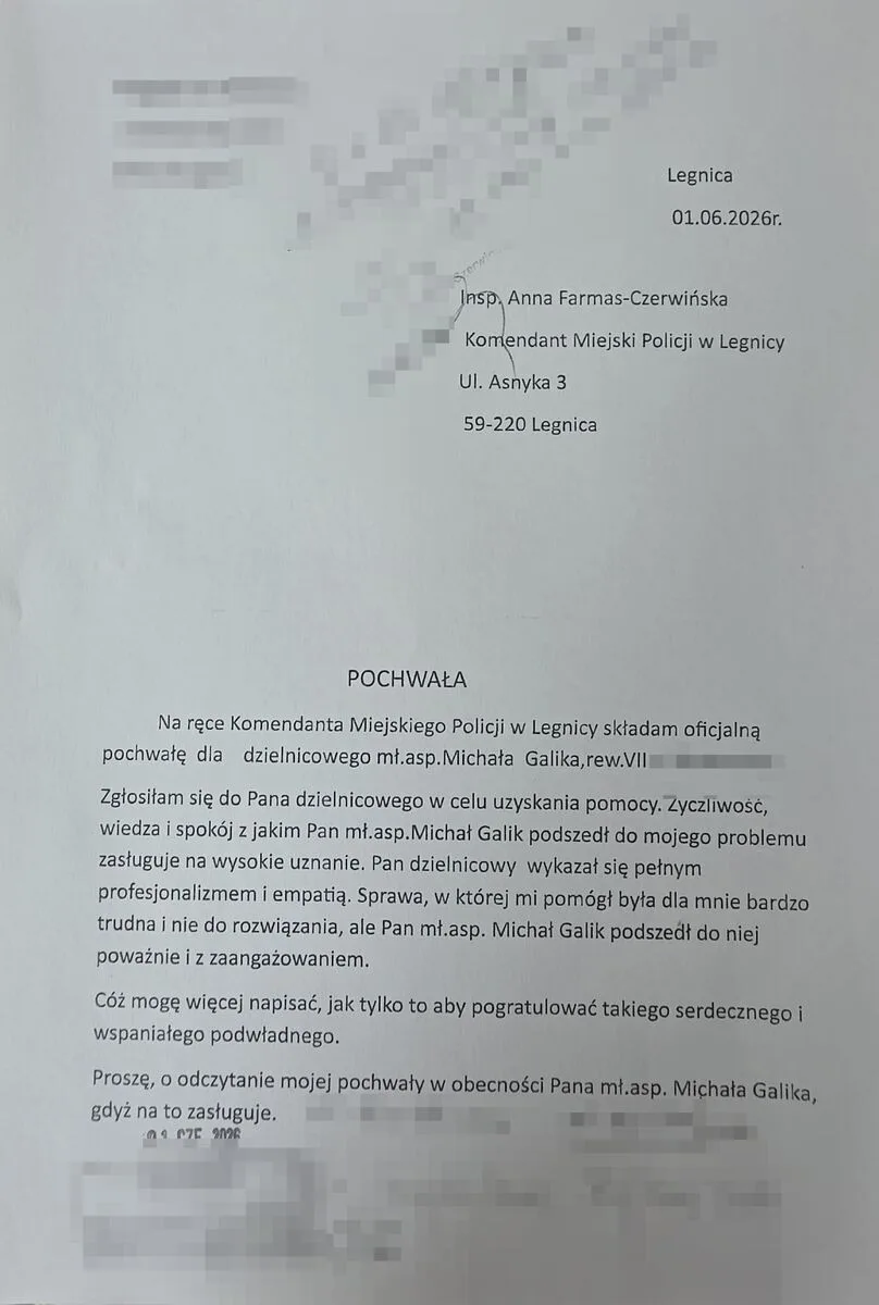 Podziękowania dla policjanta z Legnicy