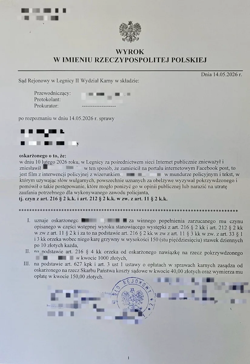 Sąd skazał mężczyznę za publikację wizerunku policjanta i znieważenie go w sieci