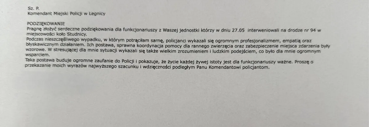 Podziękowania dla legnickich policjantów za interwencję w zdarzeniu drogowym